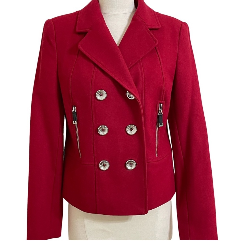 MICHAEL KORS Red Wool Blazer Double Breasted Silver Buttons Zipper Pockets Small